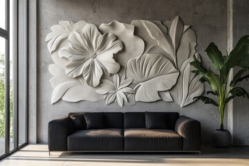 a modern interior design, a living room with a black sofa and a decorative relief wall made from textured plaster with tropical flowers on it.