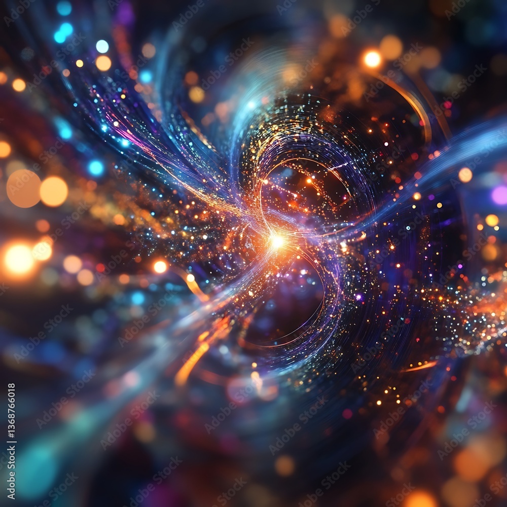 Poster abstract swirling fractal design with vibrant colours and glowing particles