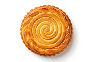A golden, swirl-patterned pastry, baked to perfection, radiating warmth and inviting a sweet indulgence against a clean white background.