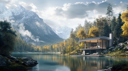 Fototapeta premium a modern house with a terrace and swimming pool near a lake in a forest landscape