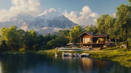 Naklejka premium a modern house with a terrace and swimming pool near a lake in a forest landscape