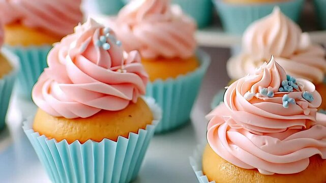 Delicate Cupcakes With Swirls Of Pink Frosting And Blue Sprinkles On A White Plate