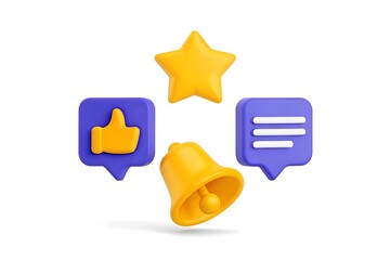 3d social media icons: like, comment, star, notification bell isolated on white background