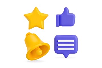3d social media icon set: star, like, bell, comment isolated on white background