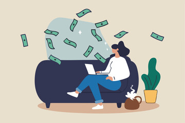 Self employed, freelancer or online business owner, remote work from home, individual job or distance worker, e-commerce business concept, young woman making money work with computer laptop at home.