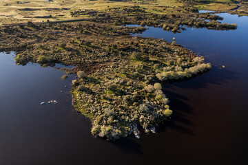 Aerial view of wild peninsula and calm lake during golden hour.