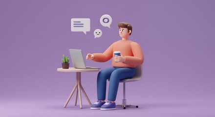 3D Render Man Working on Laptop with Coffee and Chat Bubbles  Modern Workplace Digital Communication