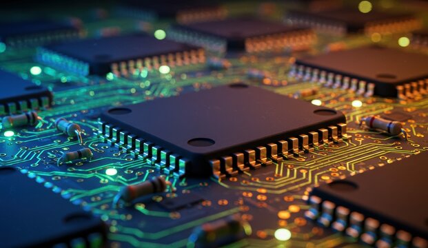 Digital circuits with microchips and LED lights inside technology innovation. Concepts of automation and artificial intelligence.