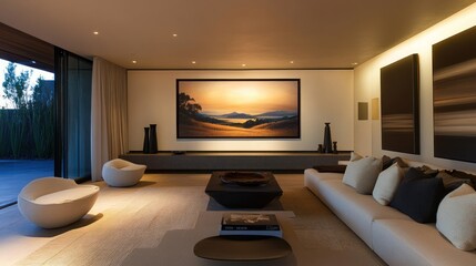 A modern living room with a large framed landscape artwork above a sleek sofa, soft lighting.