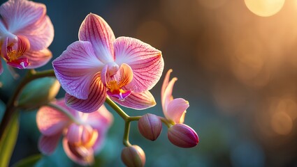 Close-up of delicate pink orchids, softly lit