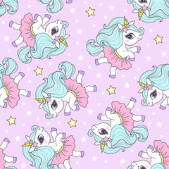 Seamless vector pattern with white unicorns-ballerinas and stars on pink background. For children's fabric design, wallpapers, backgrounds, prints, scrapbooking etc. Vector © Zerlina