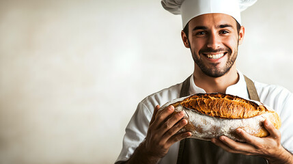 Smiling baker presents fresh sourdough loaf in bakery kitchen showcasing artisan bread details