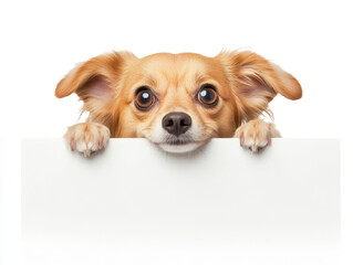 Cute Chihuahua peeking over blank sign, perfect for pet promotions on a transparent background, cut out