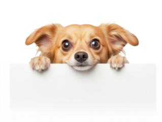 Cute Chihuahua peeking over blank sign, perfect for pet promotions on a transparent background, cut out