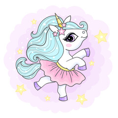 Cute little unicorn ballerina with blue mane in pink skirt dancing. Flat design. For children's design prints, posters, cards, stickers etc. Vector illustration