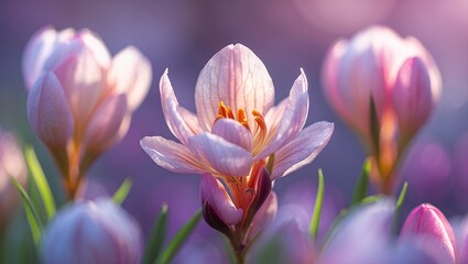 Fototapeta premium Close-up of delicate spring crocus flowers in soft, pastel hues