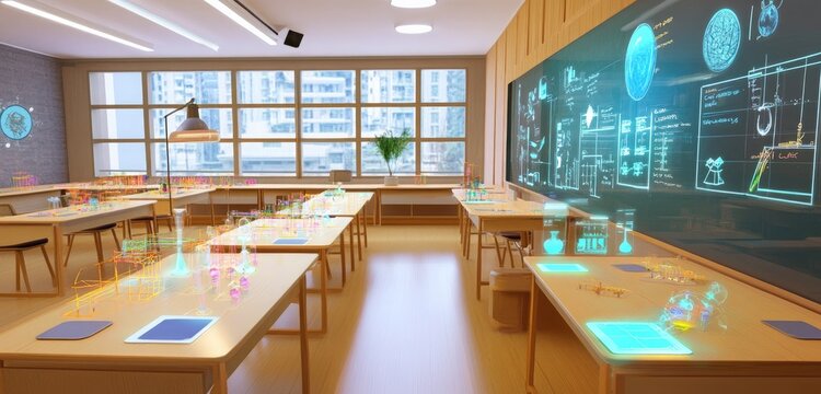 A virtual classroom where students use AR technology to manipulate 3D models, enhancing their understanding of scientific phenomena in an interactive environment.