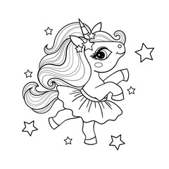 Cute unicorn ballerina dancing with stars. Black and white line drawing. Isolated on white background. For children's coloring book design, prints, posters, cards, stickers, etc. Vector illustration