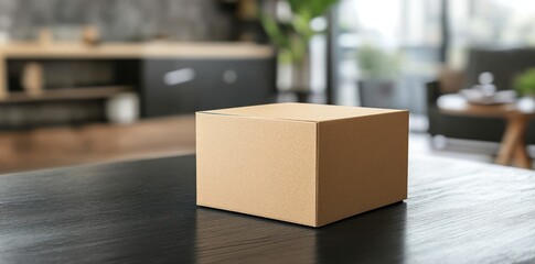 A square cardboard box on a black wooden table with a blurred background of a home interior