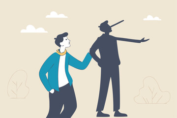 Honesty or trust, liar, fake or business fraud, integrity or telling the truth, false information, cheating or hiding the truth concept, dishonesty businessman lying with Pinocchio long nose shadow.