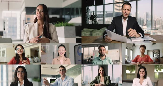 Multiple grids group of multiethnic business people, videoconference participants having discussion using virtual meeting application, speaking, look at camera, solve business-related matters remotely