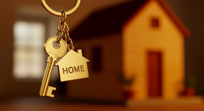 a housekey keychain with golden metal key and house icon or symbol, for property, real estate, home ownership, buy, sells related concept, blur home  background, copy space