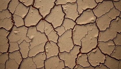 Fototapeta premium Arid land's cracked soil texture reveals a dry, abstract pattern of heat-stressed earth