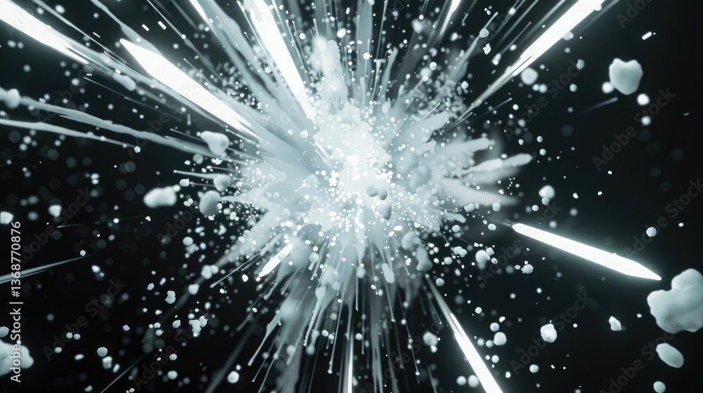 Poster this striking image features an explosion of white spheres against a black background, illuminated b