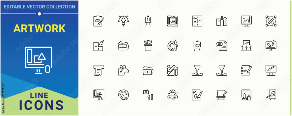 Poster artwork vector icon set. contains such icons as brush, art, digital, graphic and more. art and desig