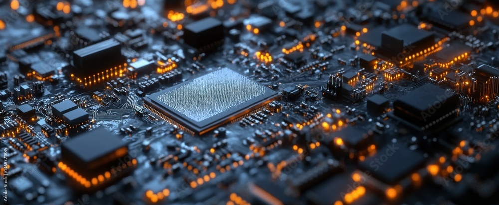 Poster explore the intricate details of a circuit board featuring glowing components. this close-up shot hi