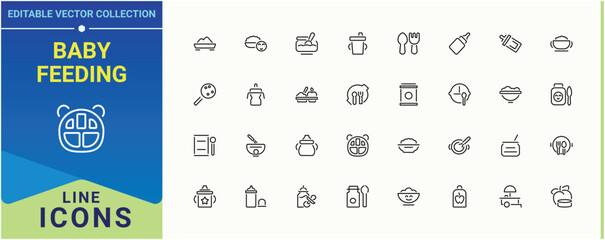 Baby Feeding vector line icon set. Contain linear symbols babies product, baby food, milk, feed, cereal, baby, child and more. Babies Food icon set. Editable stroke. Pixel Perfect.
