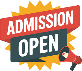A vibrant flat design graphic announcing Admission Open Sign with Megaphone