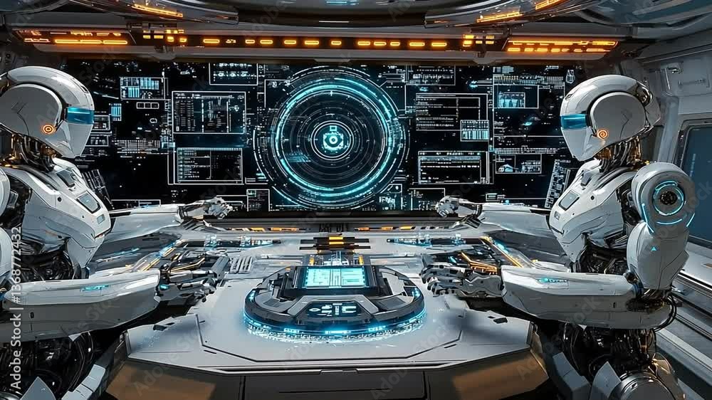 Aufkleber two white robots monitor data on a futuristic control panel