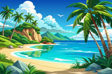 Fototapeta premium vector of Luxurious tropical landscape. White sand with palm trees and azure sea. A heavenly place to relax. Beautiful exotic summer beach background for design.