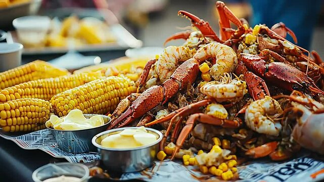 Delicious Seafood Platter Featuring Crawfish, Shrimp, Crab, and Corn at Outdoor Gathering