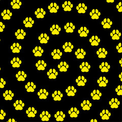 Circular design of yellow paws on a black background