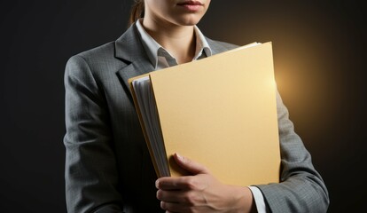 Caucasian woman in business attire holding folder in studio setting. Themes of professionalism and corporate work.