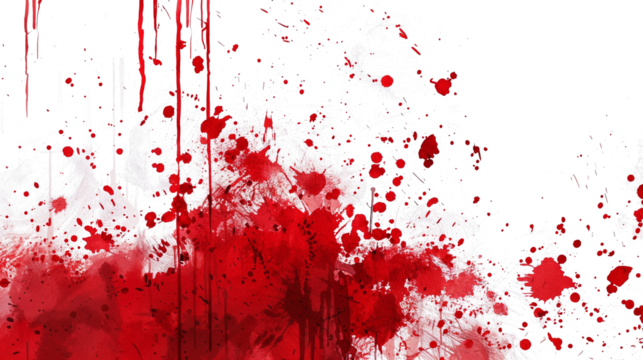 effect of dripping blood or red paint, with splatters and smudges of different shades of red. graphic and visual resource for a true crime, isolated on a transparent white background
