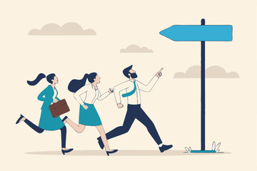 Right direction to success, strategy or plan to go in correct path, challenge or leadership to guide career path, new opportunity concept, business people walk to the right direction with signpost.