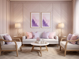 Modern minimalist living room with wall panelling in light wood color and lilac color accents in interior. Living room with wall panels, couch and simple minimalist decor