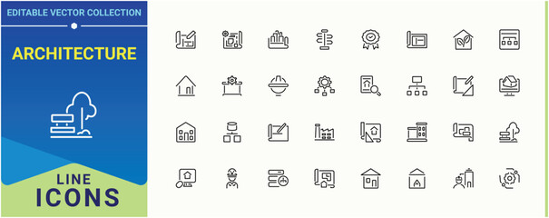 Architecture line icon set. Includes symbols for engineer, plan, house, architect, drawing and more. Architectural icon set. Outline icons in linear style. Vector illustration.