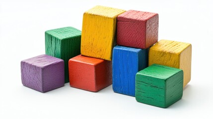 Assortment of Colorful Wooden Building Blocks on White Background Studio Shot