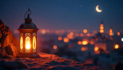 Abstract Eid Mubarak Al Fitr Islamic Greeting design banner or template with lantern, eid 2025,  Modern Eid Mubarak banner glowing lantern, minimalist design, poster, flyer, created with generative ai