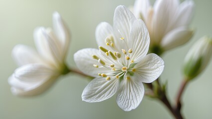 Close-up of delicate white flowers with yellow centers and green stems
