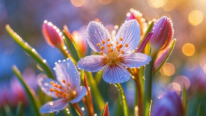 Fototapeta premium Close-up of delicate white flowers with water droplets, soft focus, and bokeh