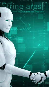 Futuristic robot artificial intelligence huminoid AI programming coding technology development and machine learning concept. Robotic bionic science research for future of human life. 3D rendering.