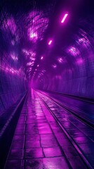 Vibrant purple tunnel with reflective surfaces and glowing lights at night