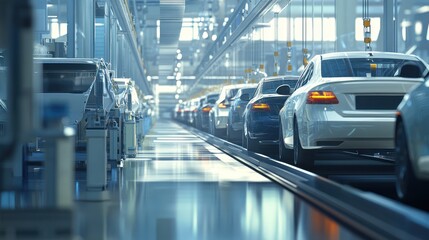 Obraz premium Car production line with vehicles on the conveyor belt in a car factory, stock photo.