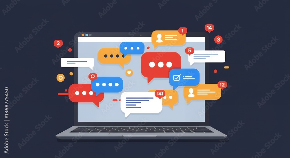 Poster laptop screen overflowing with chat bubbles: a visual representation of online communication and mes