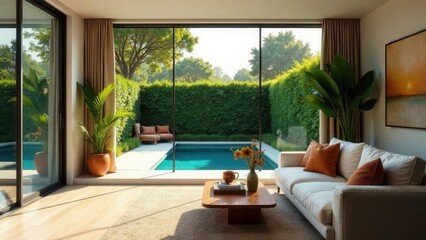 Fototapeta premium Modern living room design featuring a tranquil indoor-outdoor space with a private pool